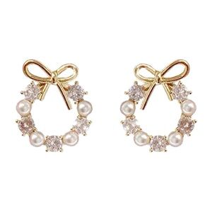 Macy’s S925 Gold Bow Pearl & Cubic Zirconia Stud Earrings